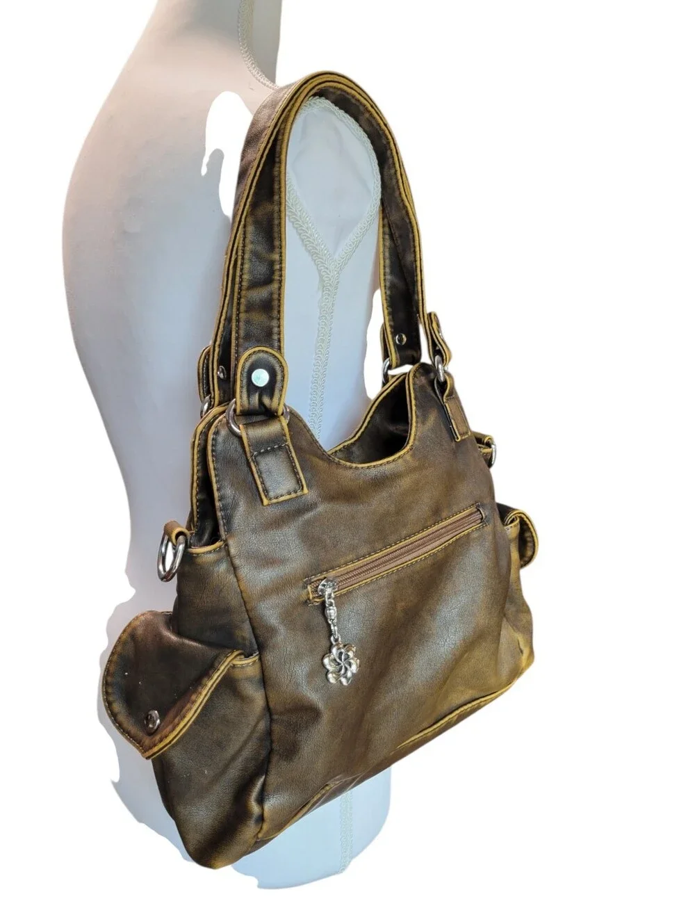 Angel Kiss Brown Faux Leather Multi Pocket Shoulder Bag Purse